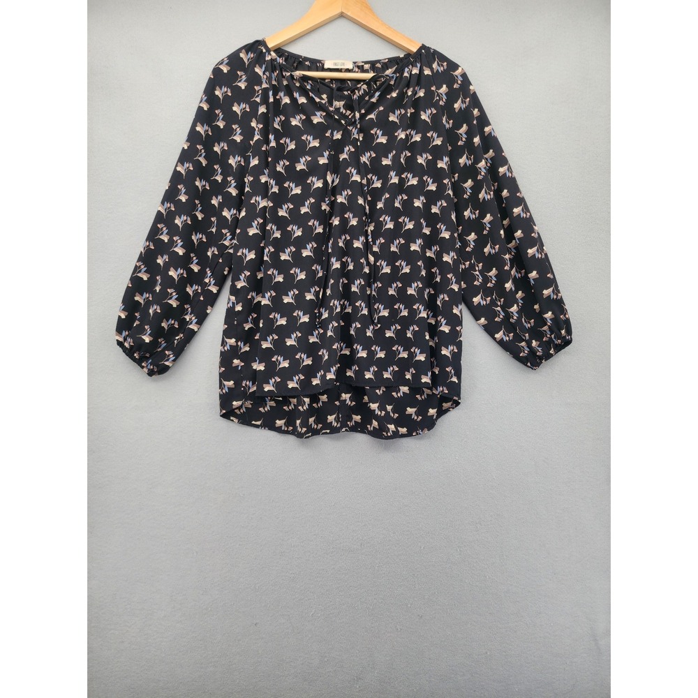 First Love Floral Blouse Black Rayon Balloon Sleeve Tie Neck Top Medium T3565